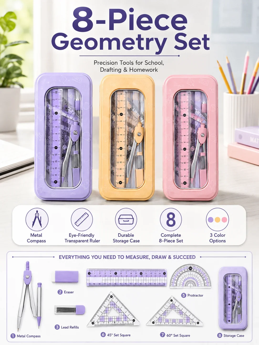 8-Piece Math Geometry Set for  - Math Geometry Set With Compass review and price